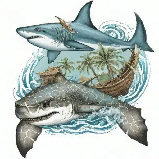 boat sailing with tropical palm trees and a shark swimming with sea turtle in the water tattoo design idea