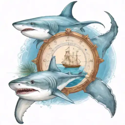 a boat sailing in the bahamas with palm trees and a shark and a sting ray swimming with a compass to guide them tattoo design idea