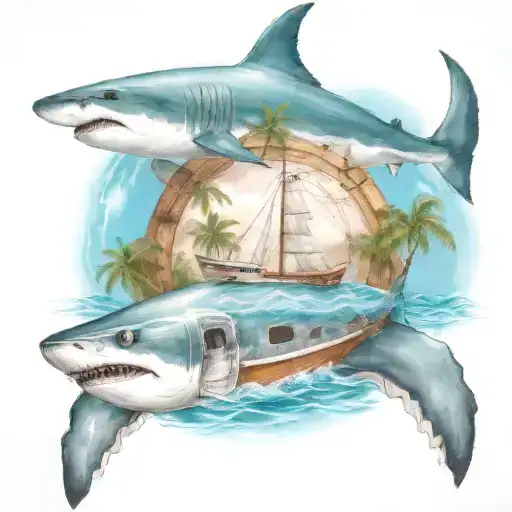 a fishing boat in the bahamas with palm trees and a shark and a turtle swimming in the water  tattoo design idea