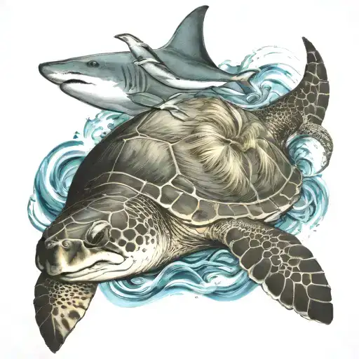 a stingray, sea turtle, and a shark swimming together in the sea waves with large palm trees   tattoo design idea
