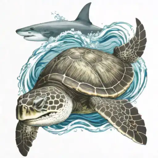 sea turtle, and a shark swimming together in the sea waves with palm trees  tattoo design idea