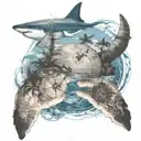 palm trees with compass pointing south , ship sailing and a shark swimming with sea turtle tattoo design idea