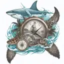 palm trees with compass pointing south , ship sailing and a shark swimming with sea turtle tattoo design idea