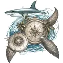 palm trees with compass pointing south , ship sailing and a shark swimming with sea turtle tattoo design idea
