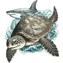 A sea turtle, and a shark swimming together in the sea waves, with large palm trees   tattoo design idea
