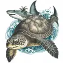 A sea turtle, and a shark swimming together in the sea waves, with large palm trees   tattoo design idea