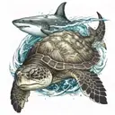 A sea turtle, and a shark swimming together in the sea waves, with palm trees and a ship  tattoo design idea