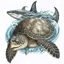 A sea turtle, and a shark swimming together in the sea waves, with palm trees and a ship  tattoo design idea