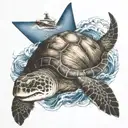 A sea turtle, and a shark swimming together in the sea waves, with palm trees and a ship  tattoo design idea