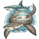 a boat sailing in the bahamas with palm trees and a shark swimming with sea turtle in the water below tattoo design idea