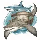a boat sailing in the bahamas with palm trees and a shark swimming with sea turtle in the water below tattoo design idea