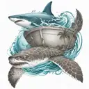 a boat sailing in the bahamas with palm trees and a shark swimming with sea turtle in the water below tattoo design idea