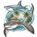 a boat sailing in the bahamas with palm trees and a shark swimming with sea turtle in the water below tattoo design idea