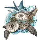 palm trees and compass with ship sailing south and sea turtle in the water tattoo design idea