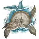 palm trees and compass with ship sailing south and sea turtle in the water tattoo design idea