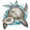 palm trees and compass with ship sailing south and sea turtle in the water tattoo design idea