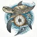 A sea turtle, sand dollar and a shark swimming together in the sea waves, with a compass guiding them tattoo design idea