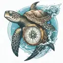 A sea turtle, sand dollar and a shark swimming together in the sea waves, with a compass guiding them tattoo design idea