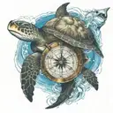 A sea turtle, sand dollar and a shark swimming together in the sea waves, with a compass guiding them tattoo design idea