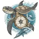 A sea turtle, sand dollar and a shark swimming together in the sea waves, with a compass guiding them tattoo design idea