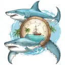 a speed boat in the bahamas with palm trees and a shark and a turtle swimming with a compass to guide them tattoo design idea