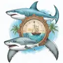 a speed boat in the bahamas with palm trees and a shark and a turtle swimming with a compass to guide them tattoo design idea