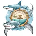 a speed boat in the bahamas with palm trees and a shark and a turtle swimming with a compass to guide them tattoo design idea