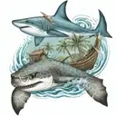 boat sailing with tropical palm trees and a shark swimming with sea turtle in the water tattoo design idea