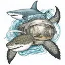 boat sailing with tropical palm trees and a shark swimming with sea turtle in the water tattoo design idea