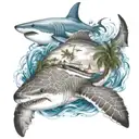 boat sailing with tropical palm trees and a shark swimming with sea turtle in the water tattoo design idea