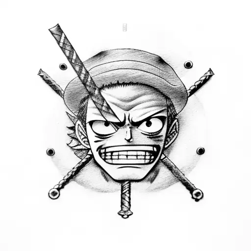 Zoro's swords from One Piece with Luffy's straw hat resting on the top tattoo design idea