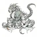 baby dragon and baby monkey with adult tiger and adult dragon. tattoo design idea