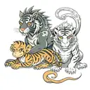 baby dragon and baby monkey with adult tiger and adult dragon. tattoo design idea