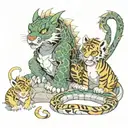 baby dragon and baby monkey with adult tiger and adult dragon. tattoo design idea