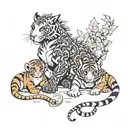 baby dragon and baby monkey with adult tiger and adult dragon. tattoo design idea