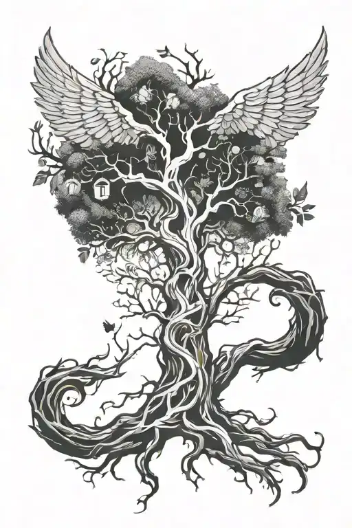 Angle wings integrated with a tree with a human heart as roots  tattoo design idea