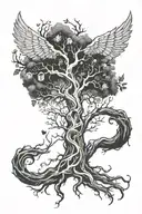 Angle wings integrated with a tree with a human heart as roots  tattoo design idea