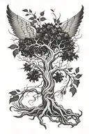 Angle wings integrated with a tree with a human heart as roots  tattoo design idea