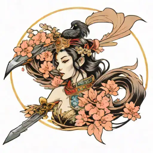 warrior princess, crow, sakura flower, korea  tattoo design idea