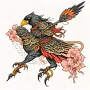 warrior princess, crow, sakura flower, korea  tattoo design idea