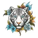 colorful white tiger with blue eyes and flowers blooming tattoo design idea