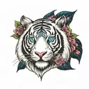 colorful white tiger with blue eyes and flowers blooming tattoo design idea