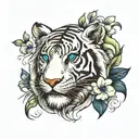 colorful white tiger with blue eyes and flowers blooming tattoo design idea