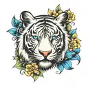 colorful white tiger with blue eyes and flowers blooming tattoo design idea