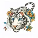 colorful white tiger with blue eyes and flowers intertwined tattoo design idea