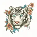 colorful white tiger with blue eyes and flowers intertwined tattoo design idea
