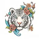 colorful white tiger with blue eyes and flowers intertwined tattoo design idea