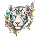 colorful white tiger with blue eyes and flowers intertwined tattoo design idea