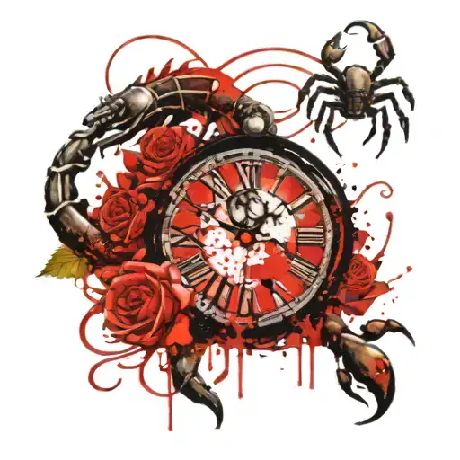 CLOCK AND SCORPION WITH ROSES tattoo design idea