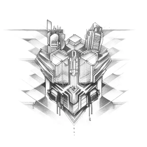 shoulder tattoo, cybercore, metropolis cityscape tattoo design idea